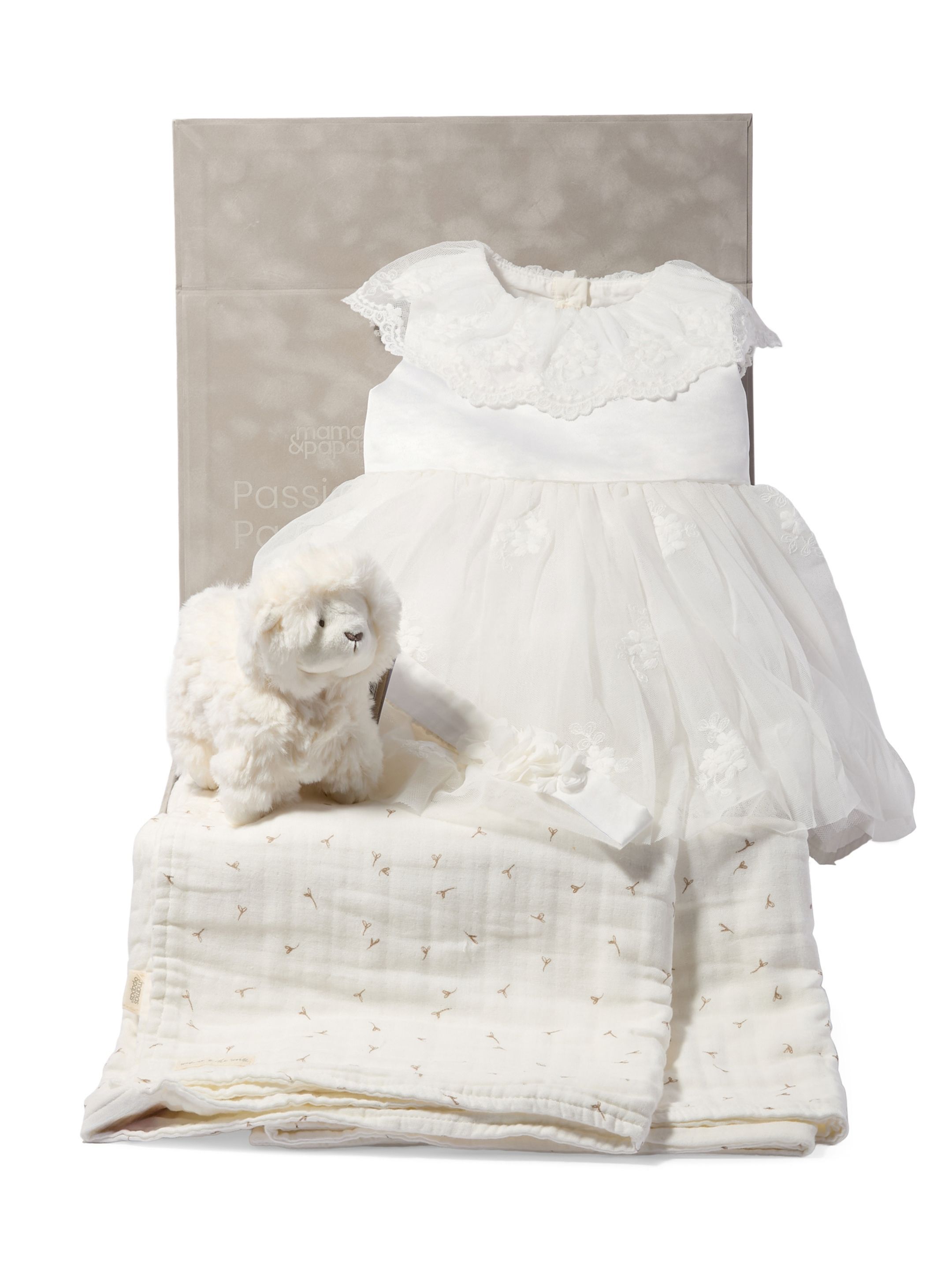 Mesh Flower Girl Dress Baby Gift Set with Muslin Blanket, Headband & Lamb Chime image number 1